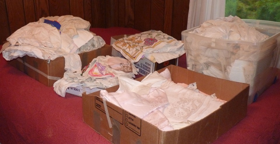 boxes of vintage linens